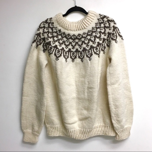 (SOLD) Knit Wool Crew Neck Sweater Cream Brown XL - Picture 2 of 4